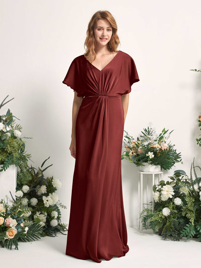 Carlyna Bailey A-Line Burgundy Satin Bridesmaid Dress Maxi Cap Sleeve V-Neck Dress Front View #color_burgundy