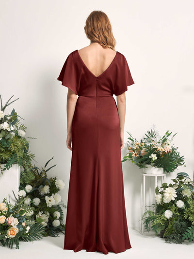 Carlyna Bailey A-Line Burgundy Satin Bridesmaid Dress Maxi Cap Sleeve V-Neck Dress Back View #color_burgundy