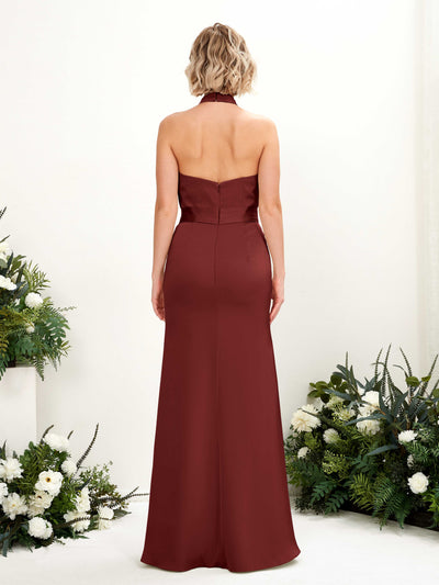 Carlyna Edwina Mermaid Burgundy Satin Bridesmaid Dress Maxi Sleeveless Halter Dress Back View #color_burgundy