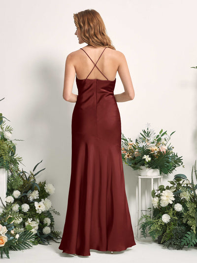 Carlyna Florence Mermaid Burgundy Satin Bridesmaid Dress Maxi Sleeveless Cowl Neck Dress Back View #color_burgundy