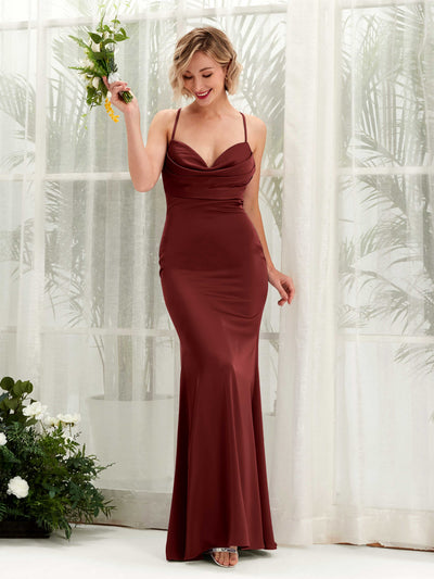 Carlyna Regina Mermaid Burgundy Satin Bridesmaid Dress Maxi Sleeveless Cowl Neck Dress #color_burgundy