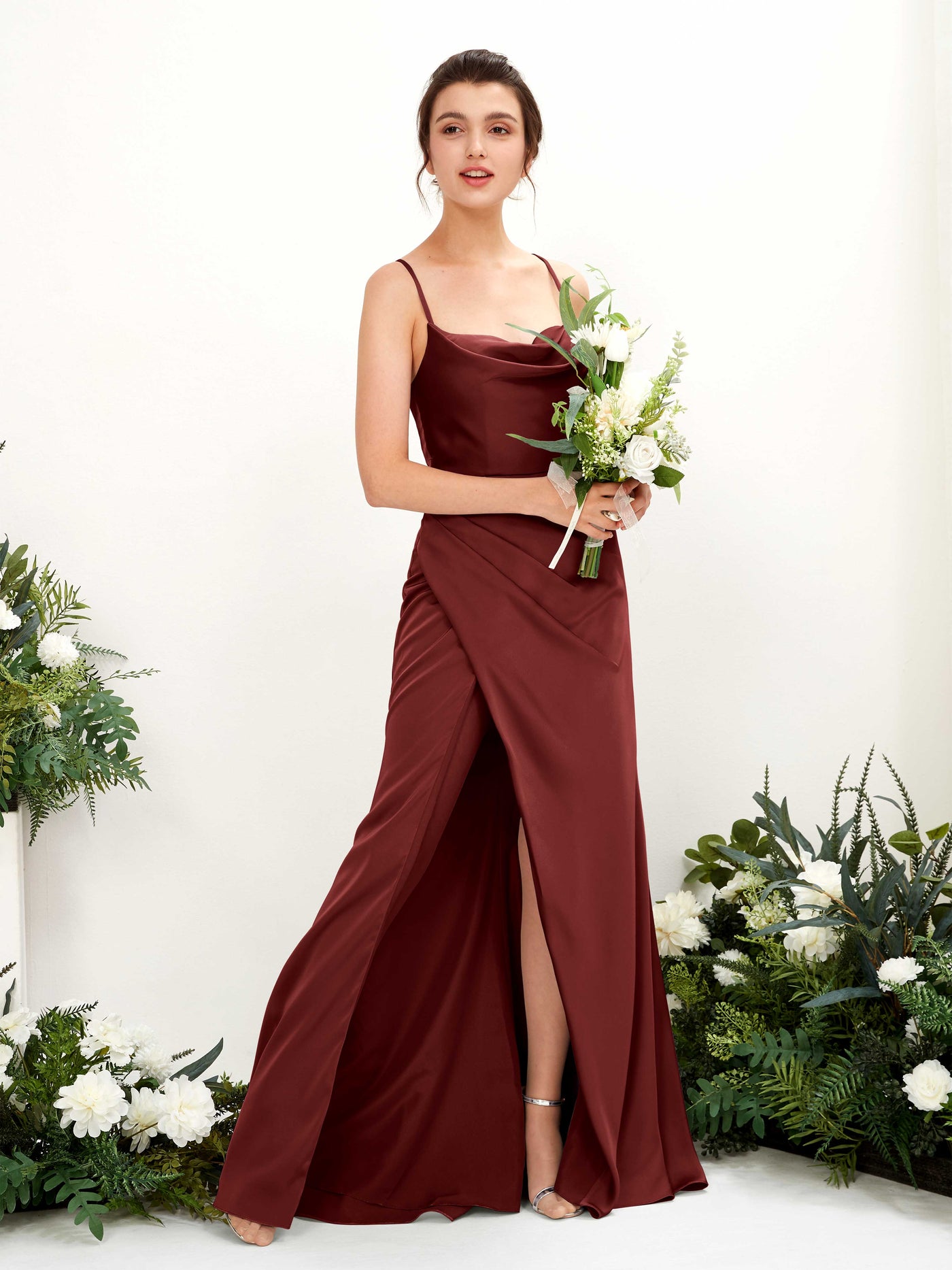 Straps Sleeveless Satin Bridesmaid Dress - Burgundy (80222468)#color_burgundy