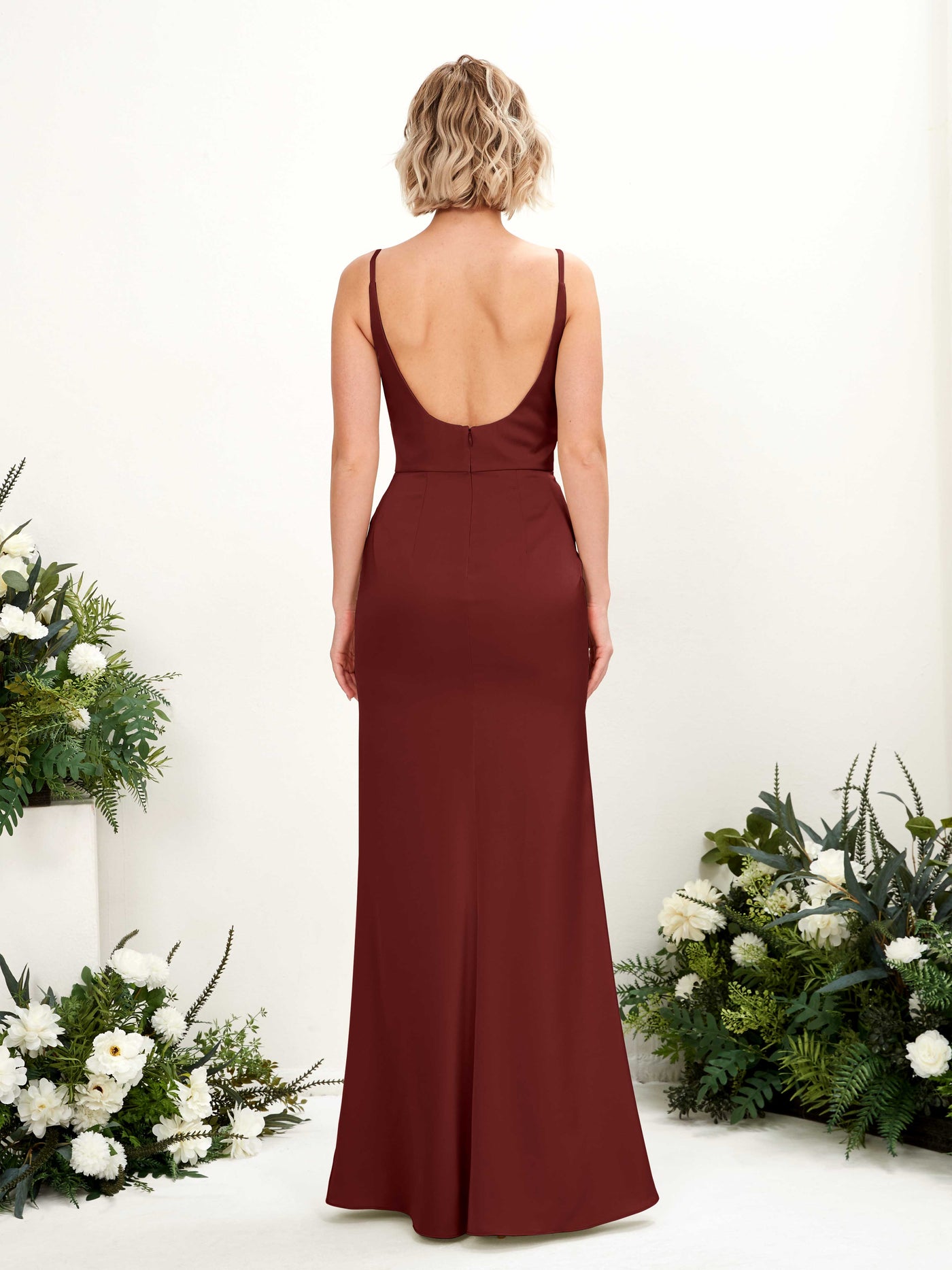 Spaghetti-straps V-neck Sleeveless Satin Bridesmaid Dress - Burgundy (80220768)#color_burgundy