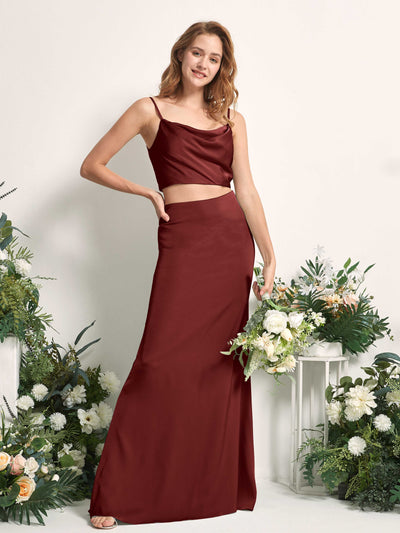 Carlyna Felicity Two-Piece Burgundy Satin Bridesmaid Dress Maxi Sleeveless Cowl Neck Dress Side View 2 #color_burgundy