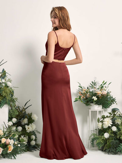 Carlyna Felicity Two-Piece Burgundy Satin Bridesmaid Dress Maxi Sleeveless Cowl Neck Dress Back View #color_burgundy