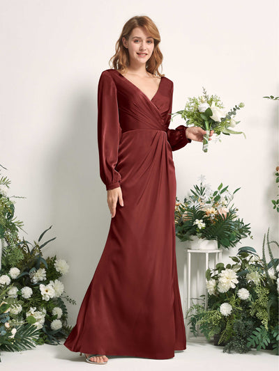 Carlyna Taylor Mermaid Burgundy Satin Bridesmaid Dress Maxi Long Sleeve V-Neck  #color_burgundy
