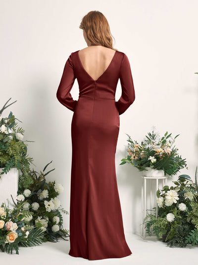 Carlyna Taylor Mermaid Burgundy Satin Bridesmaid Dress Maxi Long Sleeve V-Neck  #color_burgundy