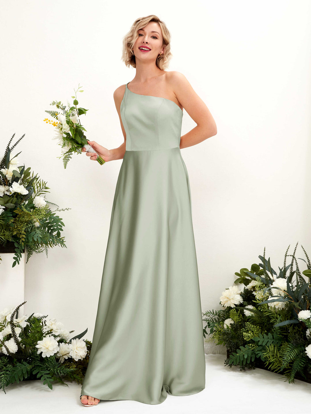 Sage Green Satin Bridesmaid Dress A-Line One Shoulder Maxi