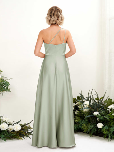 Carlyna Dinah A-Line Sage Green Satin Bridesmaid Dress Maxi Sleeveless One Shoulder Dress Back View #color_sage-green