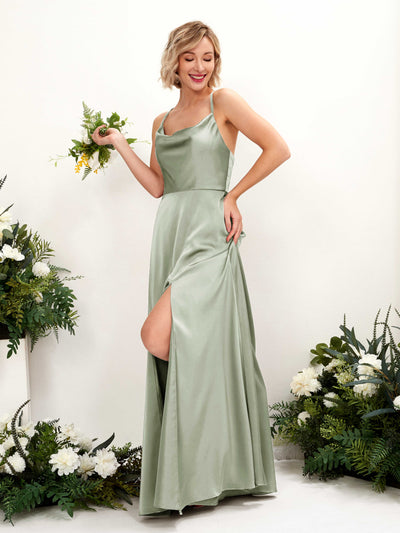 Carlyna Nydia A-Line Sage Green Satin Bridesmaid Dress Maxi Sleeveless Cowl Neck Dress #color_sage-green