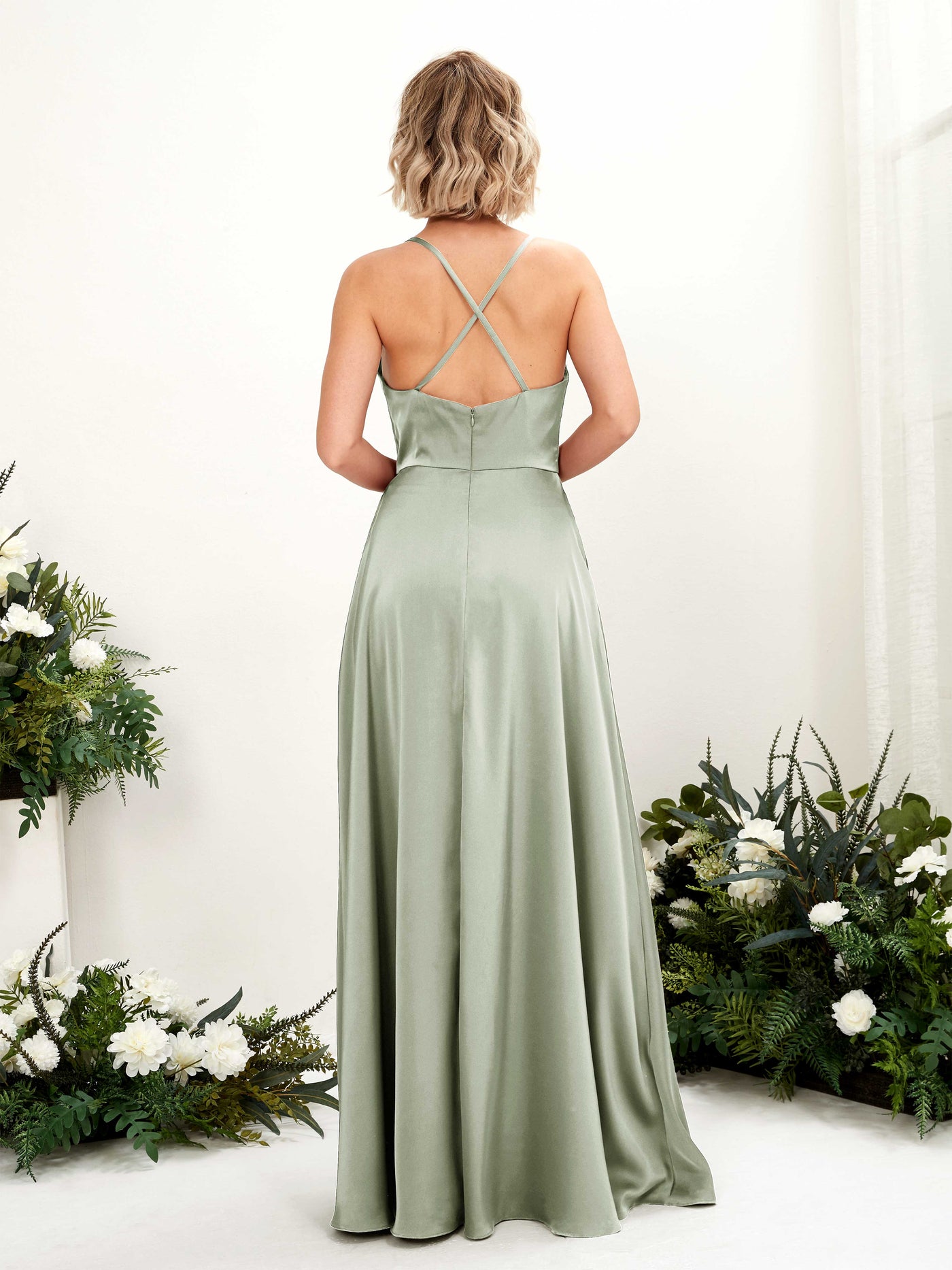 A-line Ball Gown Straps Satin Bridesmaid Dress - Sage Green (80222212)#color_sage-green