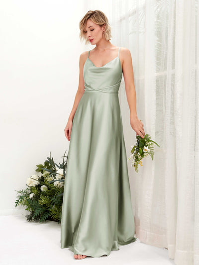 Carlyna Wallis A-Line Sage Green Satin Bridesmaid Dress Maxi Sleeveless Cowl Neck Dress #color_sage-green