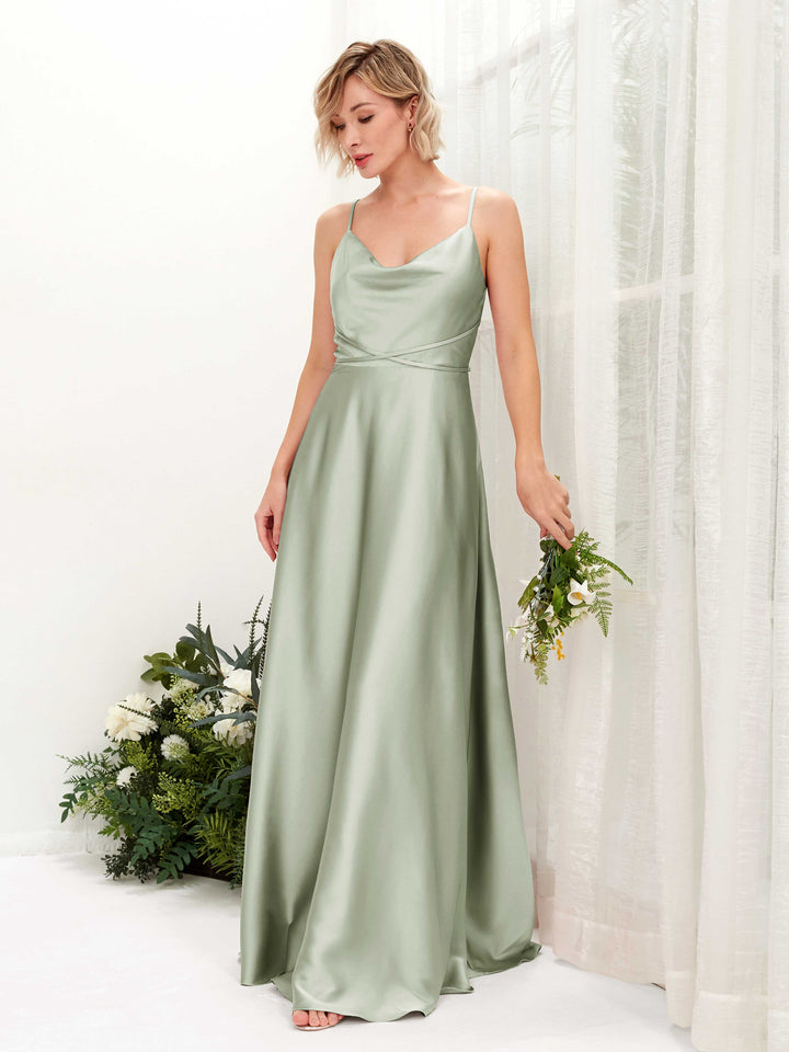 A-line Straps Sleeveless Satin Bridesmaid Dress - Sage Green (80223112)