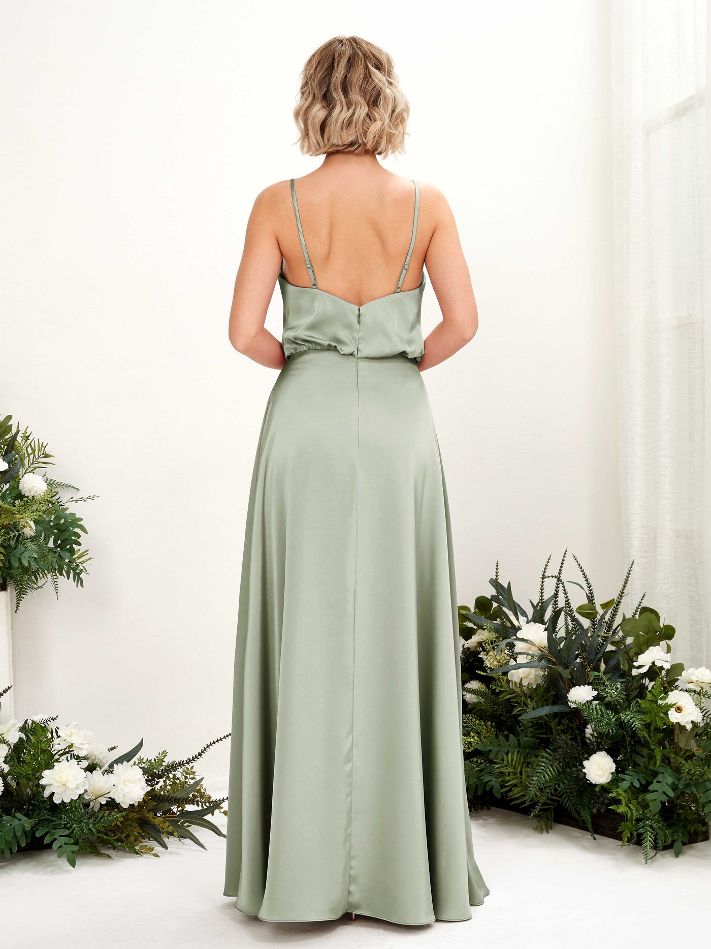 A-line Spaghetti-straps V-neck Satin Bridesmaid Dress - Sage Green (80224512)#color_sage-green