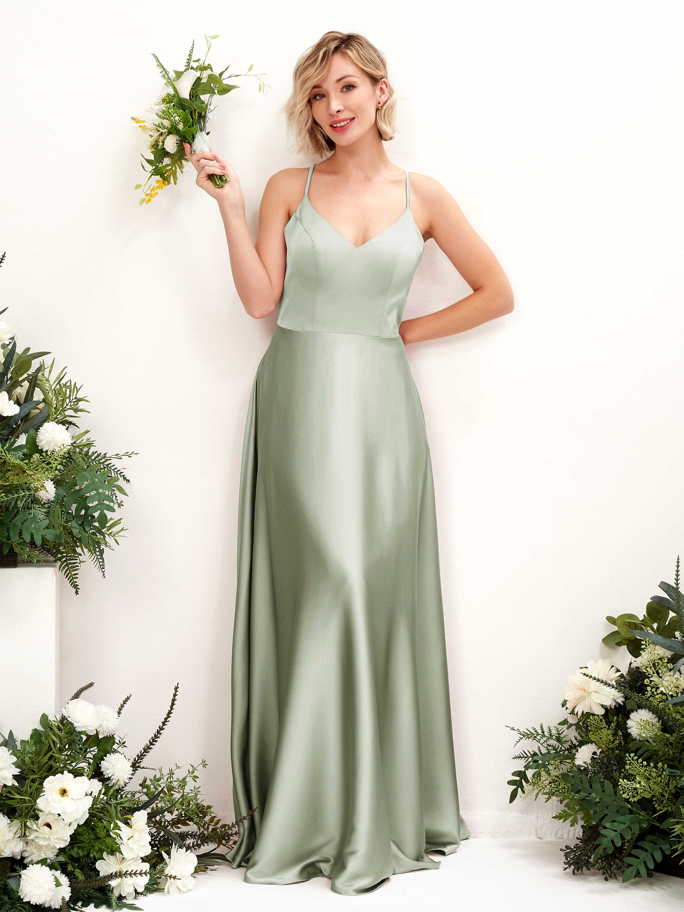 A-line Straps V-neck Satin Bridesmaid Dress - Sage Green (80224812)#color_sage-green