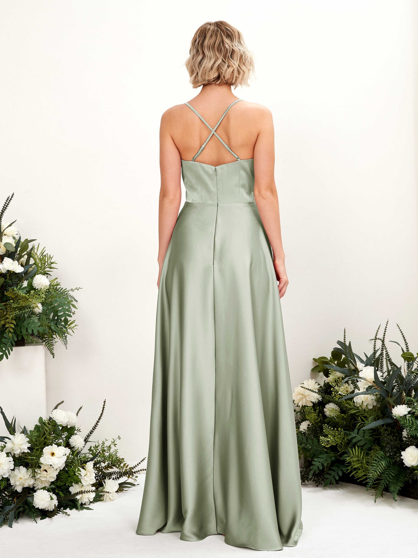A-line Straps V-neck Satin Bridesmaid Dress - Sage Green (80224812)#color_sage-green