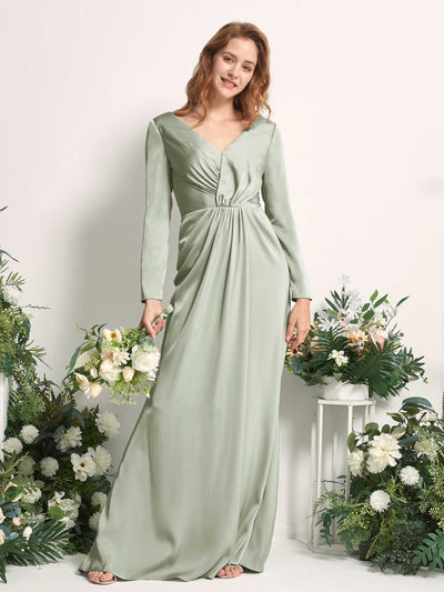 Carlyna Alicia Mermaid Sage Green Satin Bridesmaid Dress Maxi Long Sleeve V-Neck Front View #color_sage-green