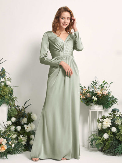 Carlyna Alicia Mermaid Sage Green Satin Bridesmaid Dress Maxi Long Sleeve V-Neck Side View 2 #color_sage-green