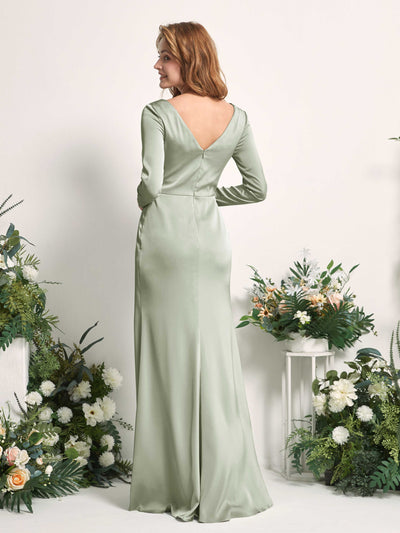 Carlyna Alicia Mermaid Sage Green Satin Bridesmaid Dress Maxi Long Sleeve V-Neck Back View #color_sage-green