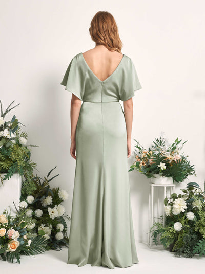 Carlyna Bailey A-Line Sage Green Satin Bridesmaid Dress Maxi Cap Sleeve V-Neck Dress Back View #color_sage-green