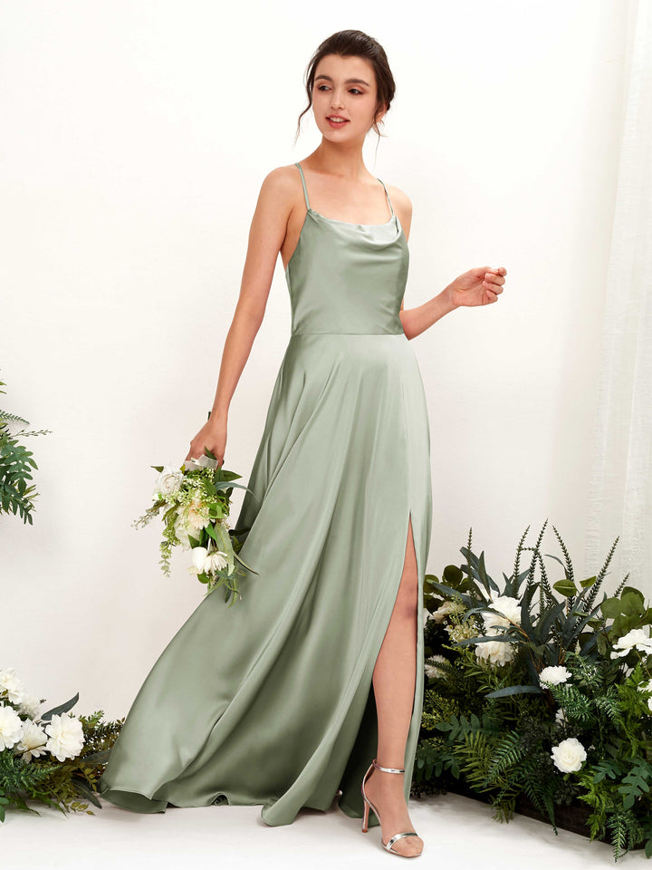 Sage Green Satin Bridesmaid Dress A-Line Cowl Neck Maxi with Leg Slit Carlyna UK 99.00 Sage Green Satin Bridesmaid Dress A-Line Cowl Neck Maxi with Leg Slit Carlyna UK 99.00