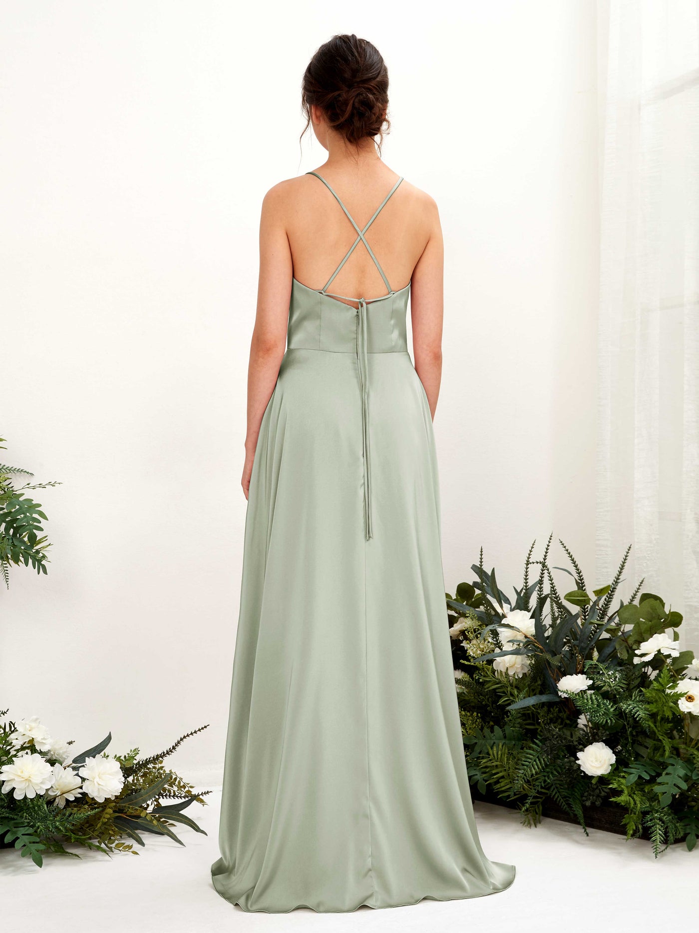 Ball Gown Straps Sleeveless Satin Bridesmaid Dress - Sage Green (80221112)#color_sage-green