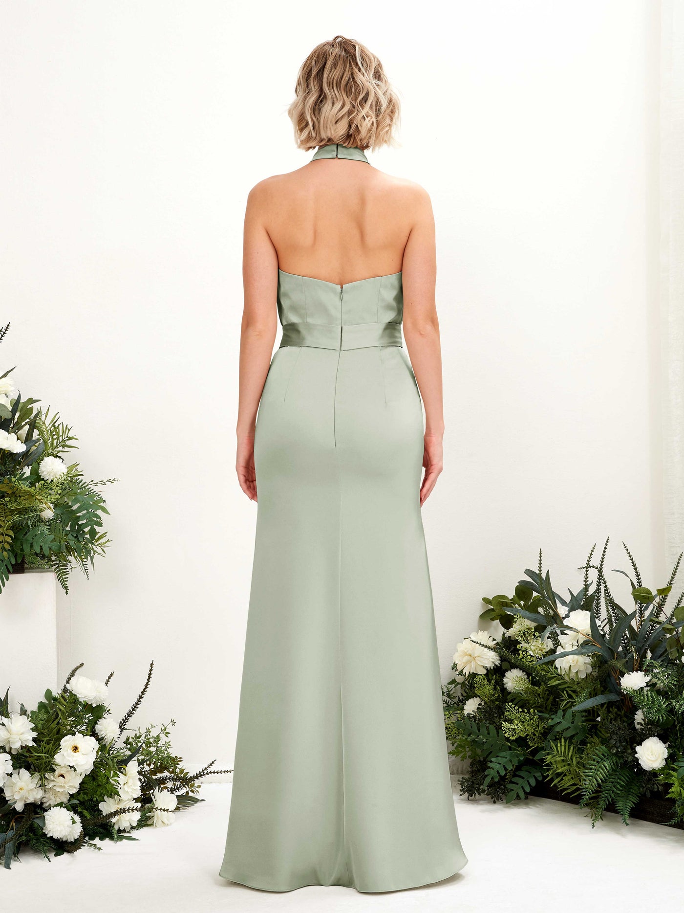 Halter Satin Bridesmaid Dress - Sage Green (80224912)#color_sage-green
