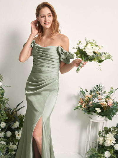 Carlyna Bianca Sheath Sage Green Satin Bridesmaid Dress Maxi Sleeveless Cowl Neck Dress Side View 2 #color_sage-green