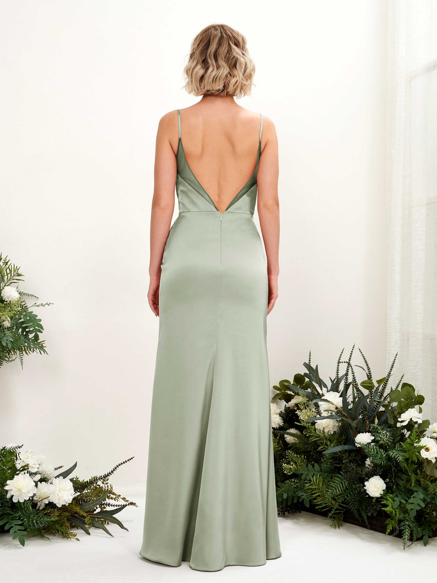 Spaghetti-straps Satin Bridesmaid Dress - Sage Green (80222612)#color_sage-green