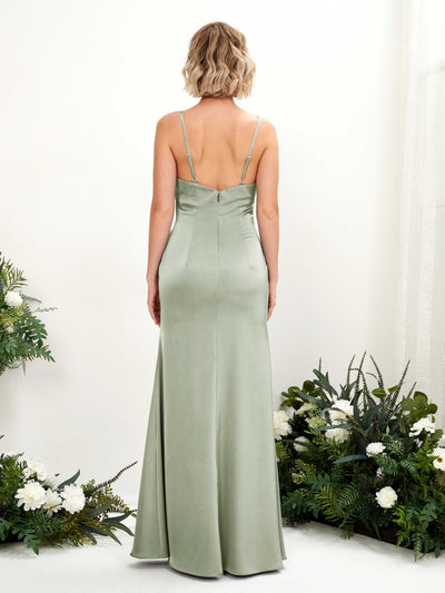 Carlyna Gloria Mermaid Sage Green Satin Bridesmaid Dress Maxi Sleeveless Cowl Neck Dress Back View #color_sage-green