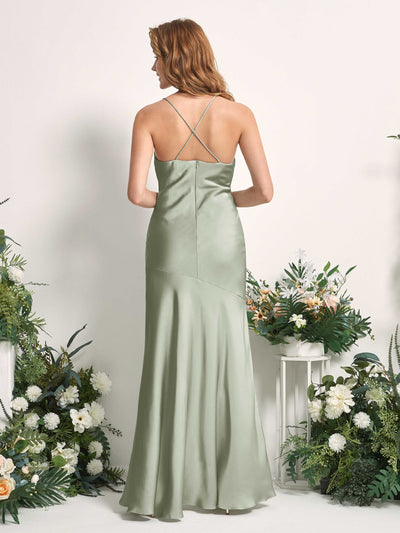 Carlyna Florence Mermaid Sage Green Satin Bridesmaid Dress Maxi Sleeveless Cowl Neck Dress Back View #color_sage-green