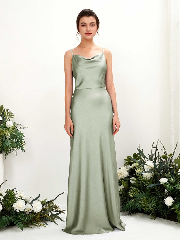 Spaghetti-straps Sleeveless Satin Bridesmaid Dress - Sage Green (80221812)