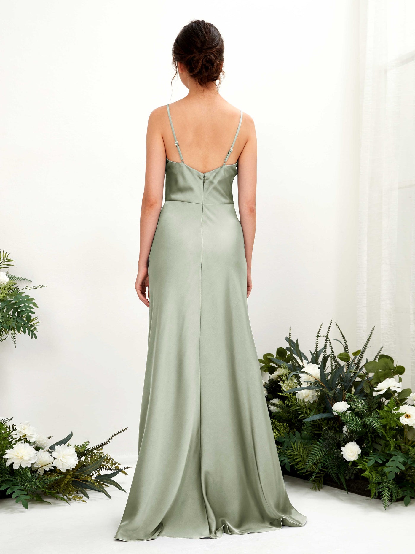 Spaghetti-straps Sleeveless Satin Bridesmaid Dress - Sage Green (80221812)#color_sage-green