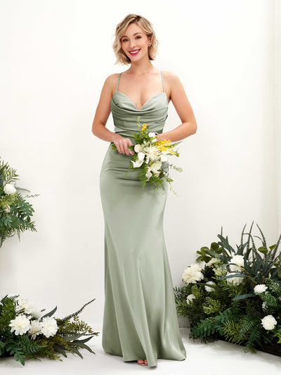 Carlyna Regina Mermaid Sage Green Satin Bridesmaid Dress Maxi Sleeveless Cowl Neck Dress #color_sage-green
