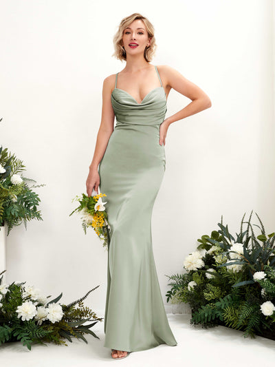 Carlyna Regina Mermaid Sage Green Satin Bridesmaid Dress Maxi Sleeveless Cowl Neck Dress #color_sage-green