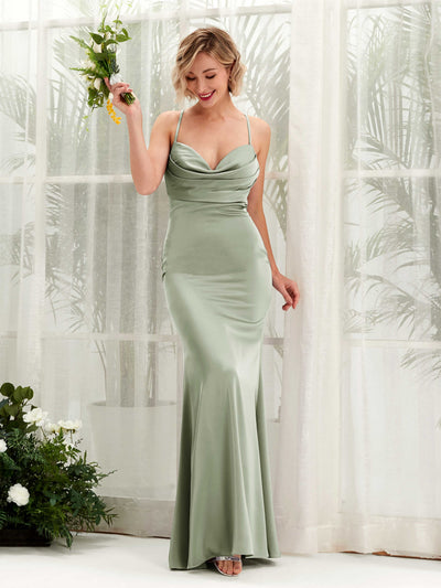 Carlyna Regina Mermaid Sage Green Satin Bridesmaid Dress Maxi Sleeveless Cowl Neck Dress #color_sage-green