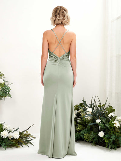 Carlyna Regina Mermaid Sage Green Satin Bridesmaid Dress Maxi Sleeveless Cowl Neck Dress #color_sage-green