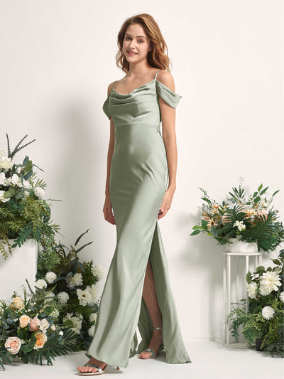 Carlyna Alexis Mermaid Sage Green Satin Bridesmaid Dress Maxi Sleeveless Cowl Neck Dress Side View 2 #color_sage-green