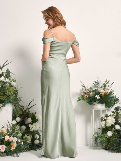 Carlyna Alexis Mermaid Sage Green Satin Bridesmaid Dress Maxi Sleeveless Cowl Neck Dress Back View #color_sage-green