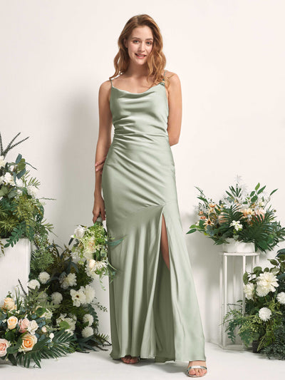 Carlyna Miranda Mermaid Sage Green Satin Bridesmaid Dress Maxi Sleeveless Cowl Neck Dress #color_sage-green