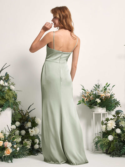Carlyna Hayley Mermaid Sage Green Satin Bridesmaid Dress Maxi Sleeveless V-Neck Dress Back View #color_sage-green