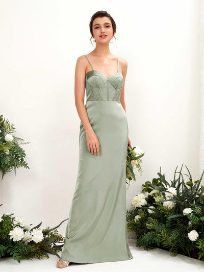 Carlyna Cathy Mermaid Sage Green Satin Bridesmaid Dress Maxi Sleeveless Sweetheart Dress Front View #color_sage-green