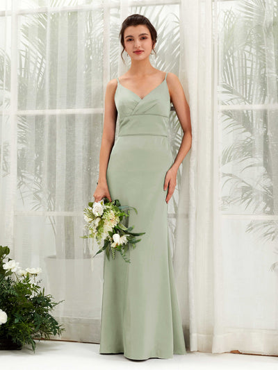 Carlyna Kama Mermaid Sage Green Satin Bridesmaid Dress Maxi Sleeveless V-Neck Dress #color_sage-green