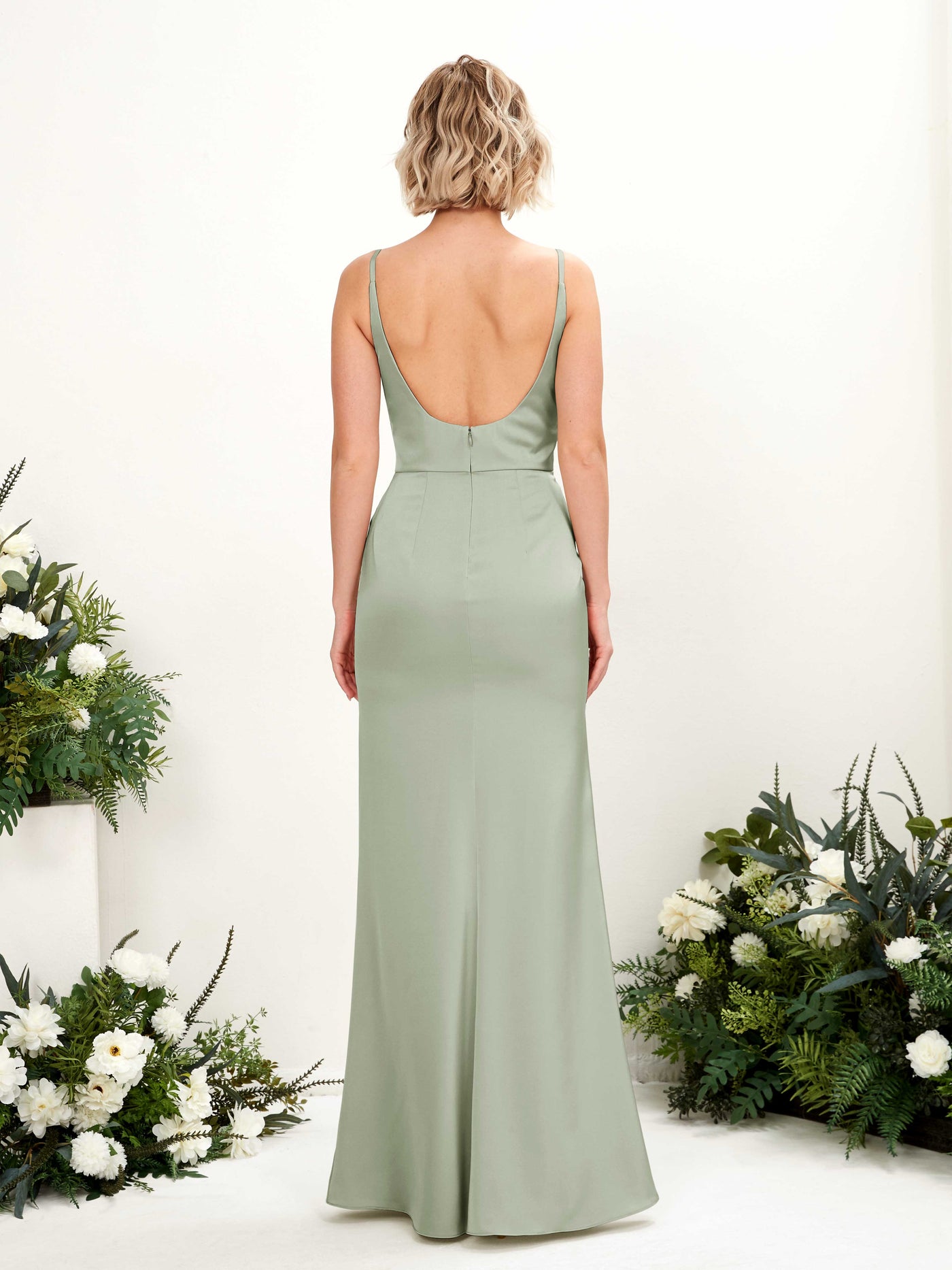 Spaghetti-straps V-neck Sleeveless Satin Bridesmaid Dress - Sage Green (80220712)#color_sage-green