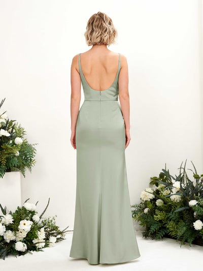 Carlyna Agatha Mermaid Sage Green Satin Bridesmaid Dress Maxi Sleeveless V-Neck Dress Back View #color_sage-green