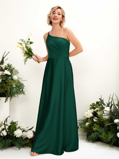 Carlyna Dinah A-Line Hunter Green Satin Bridesmaid Dress Maxi Sleeveless One Shoulder Dress Front View #color_hunter-green