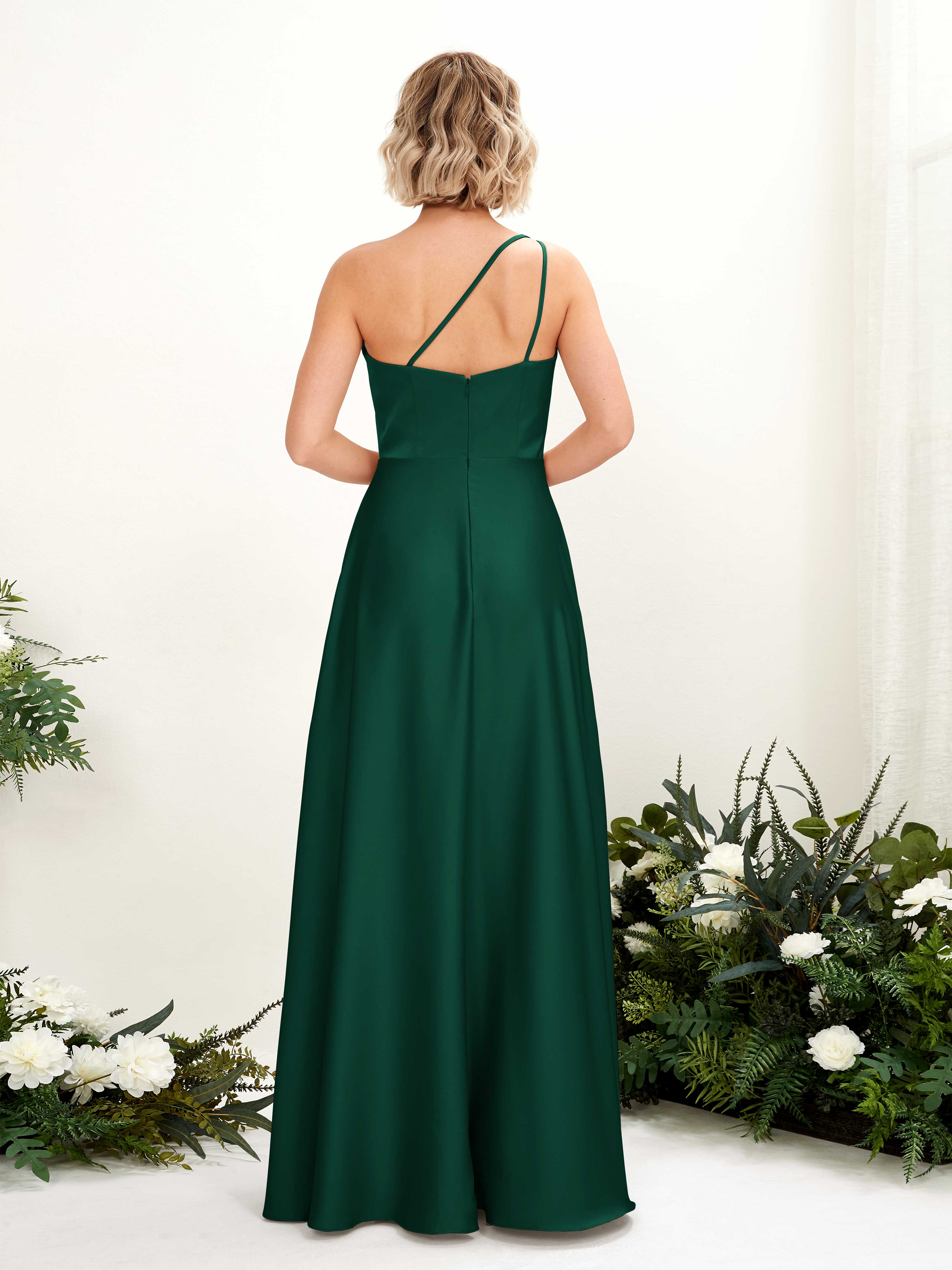 Hunter Green Satin Bridesmaid Dress A-Line One Shoulder Maxi – Carlyna