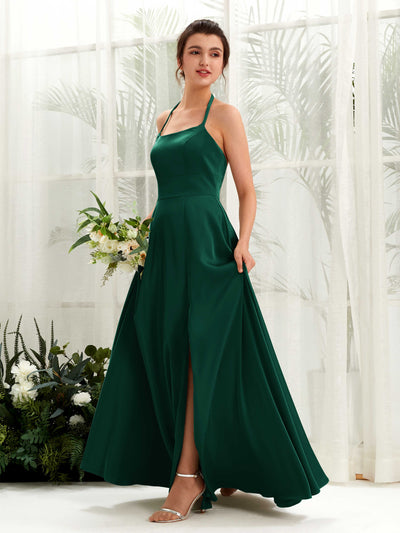Carlyna Jocelyn A-Line Hunter Green Satin Bridesmaid Dress Maxi Sleeveless Halter Dress #color_hunter-green