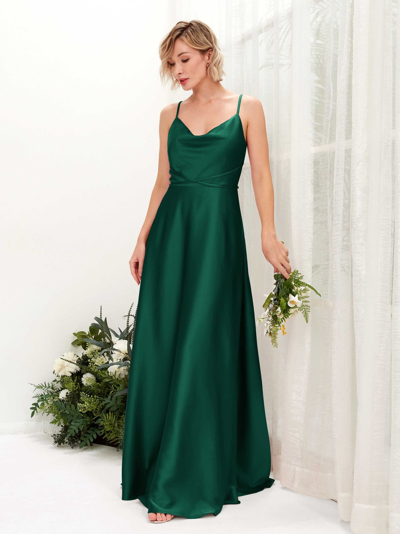 A-line Straps Sleeveless Satin Bridesmaid Dress - Hunter Green (80223129)#color_hunter-green