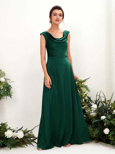 Carlyna Irma A-Line Hunter Green Satin Bridesmaid Dress Maxi Sleeveless Cowl Neck Dress Front View #color_hunter-green